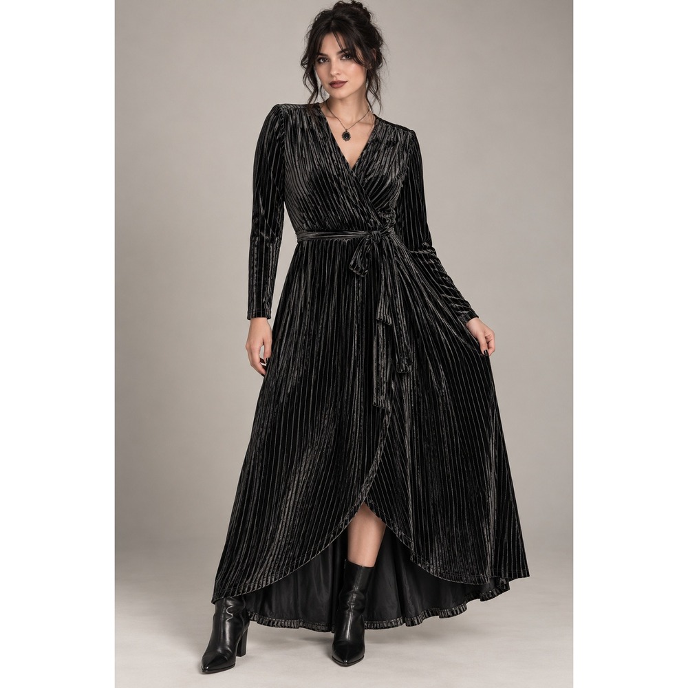 Goth Glam Velvet Wrap Maxi Dress Black Ribbed Formal Evening Maxi Medium